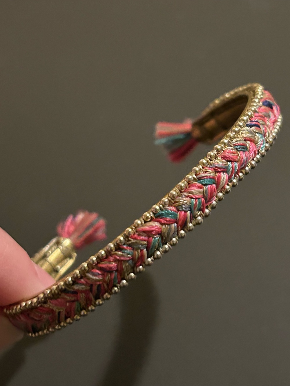 Stella & Dot Pink Braided Tassel Gold Tone Cuff Bracelet